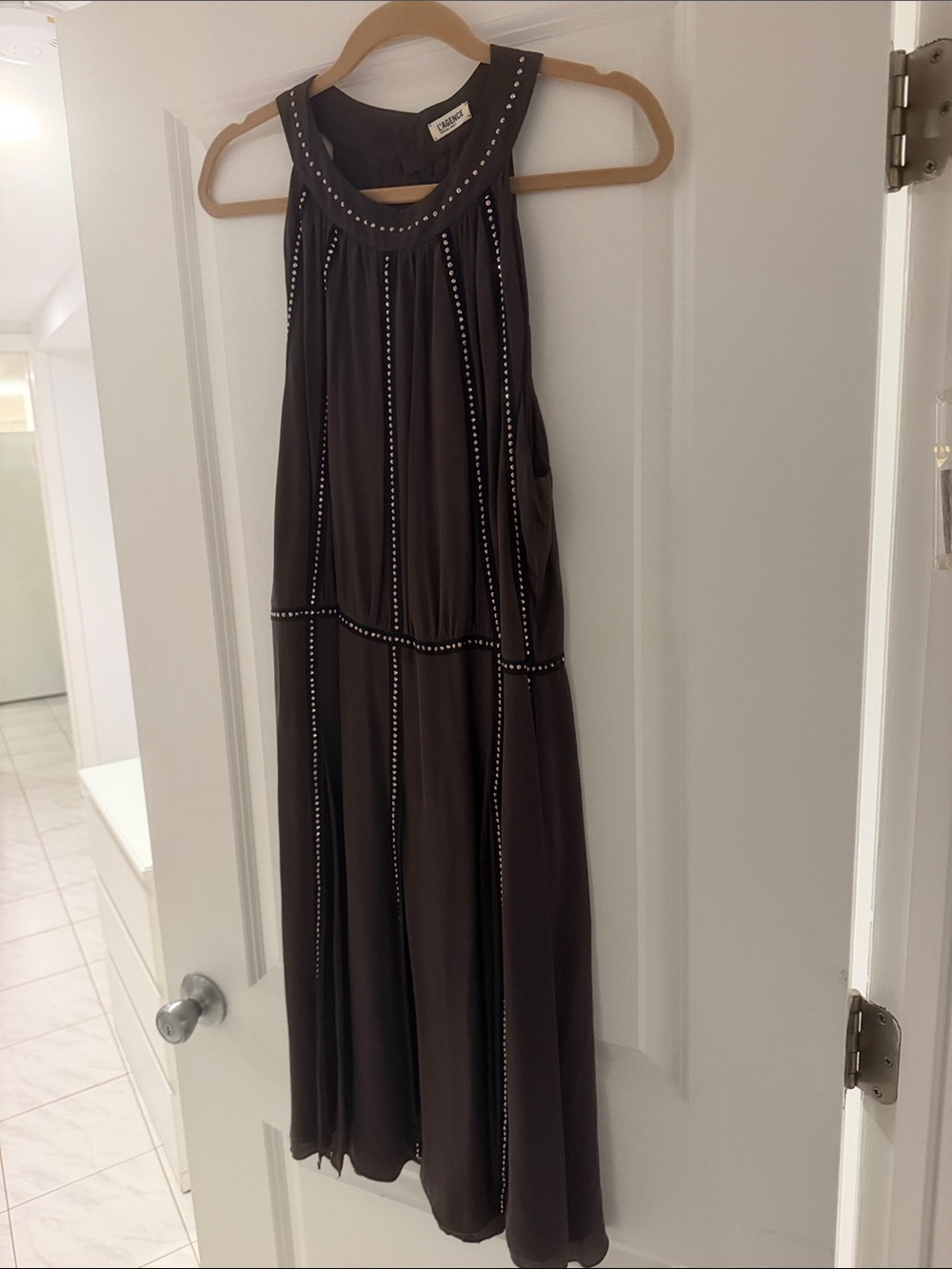 L'AGENCE Brown Sleeveless Stud-Trim Maxi Dress